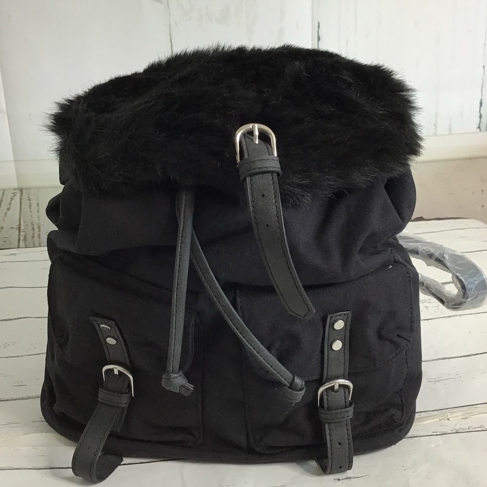 CANDIES BLACK FAUX FUR AND COTTON BACKPACK LIGHT WEIGHT